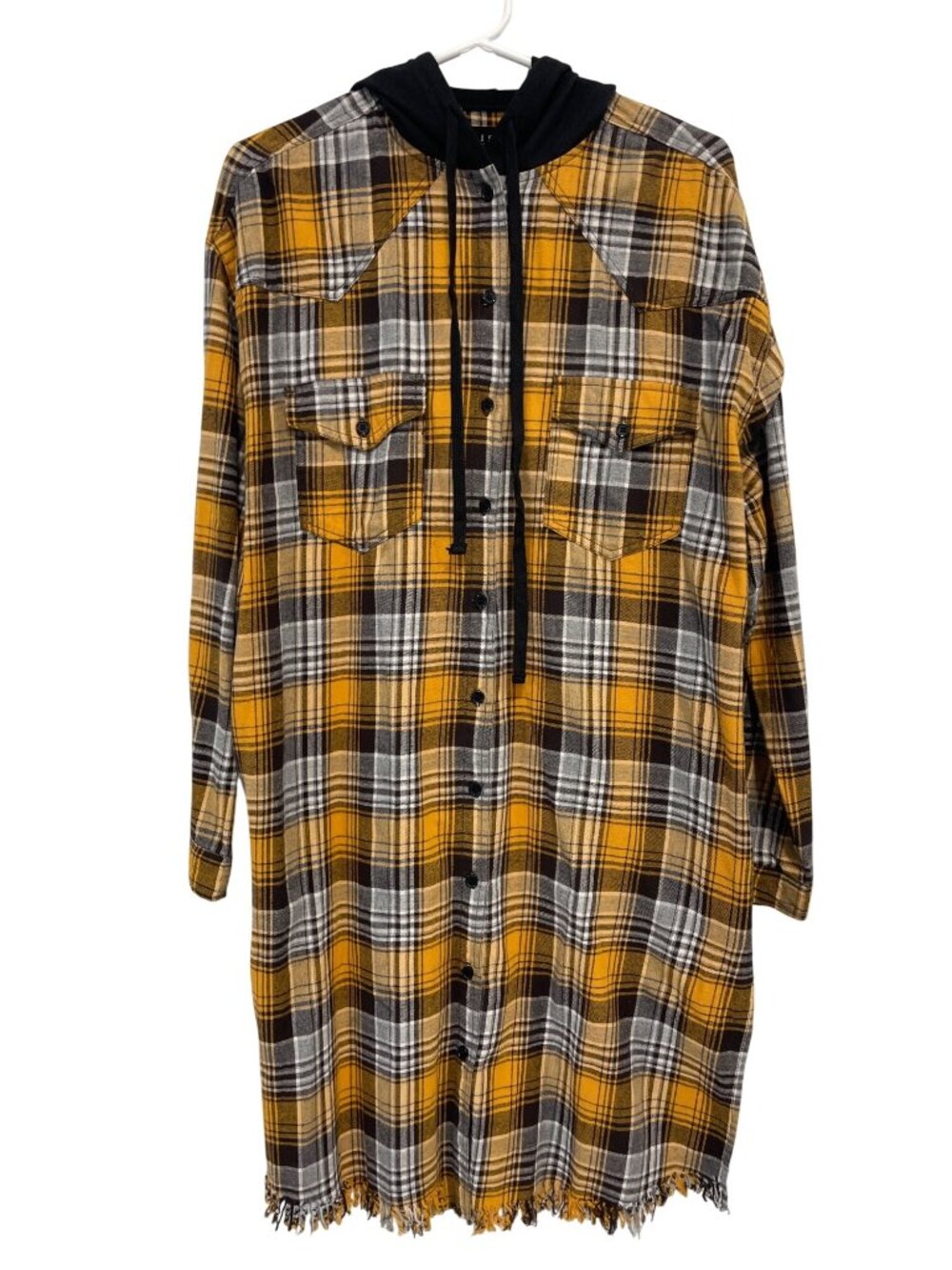 Risen Hoodie Shirt Dress Medium Plaid Button Front Frayed Hem Long Sleeve Yellow